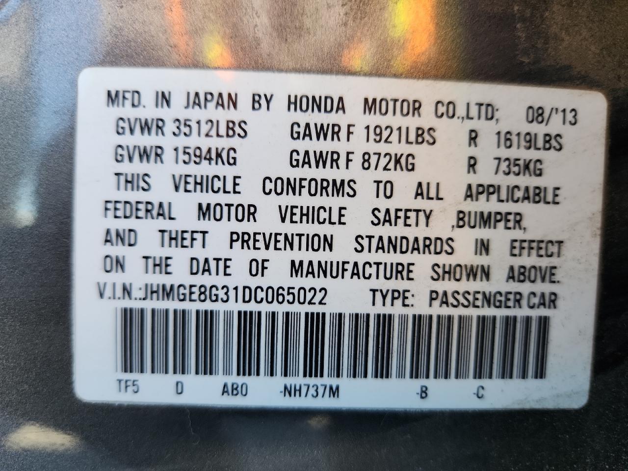 2013 Honda Fit VIN: JHMGE8G31DC065022 Lot: 80521495