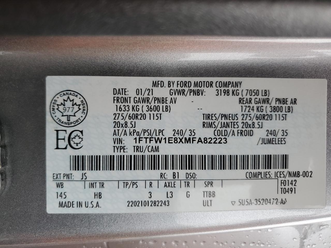 2021 Ford F150 Supercrew VIN: 1FTFW1E8XMFA82223 Lot: 80685125