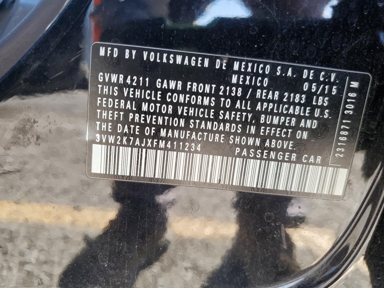 2015 Volkswagen Jetta Base VIN: 3VW2K7AJXFM411234 Lot: 84821125