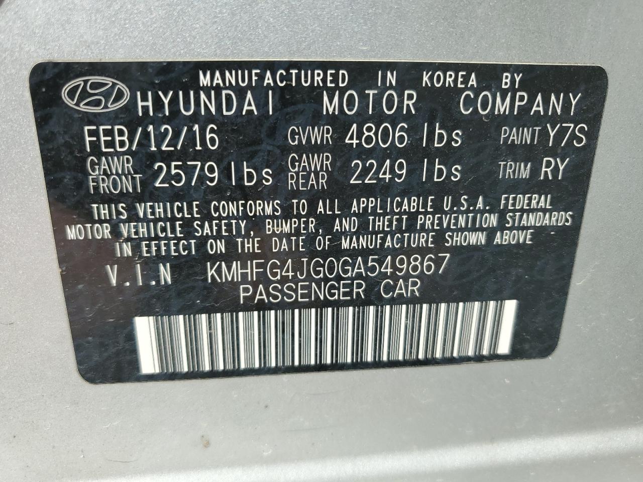 2016 Hyundai Azera VIN: KMHFG4JG0GA549867 Lot: 80407785