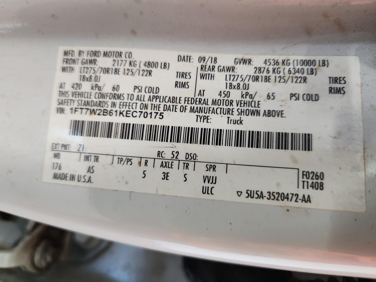 2019 Ford F250 Super Duty VIN: 1FT7W2B61KEC70175 Lot: 84284285