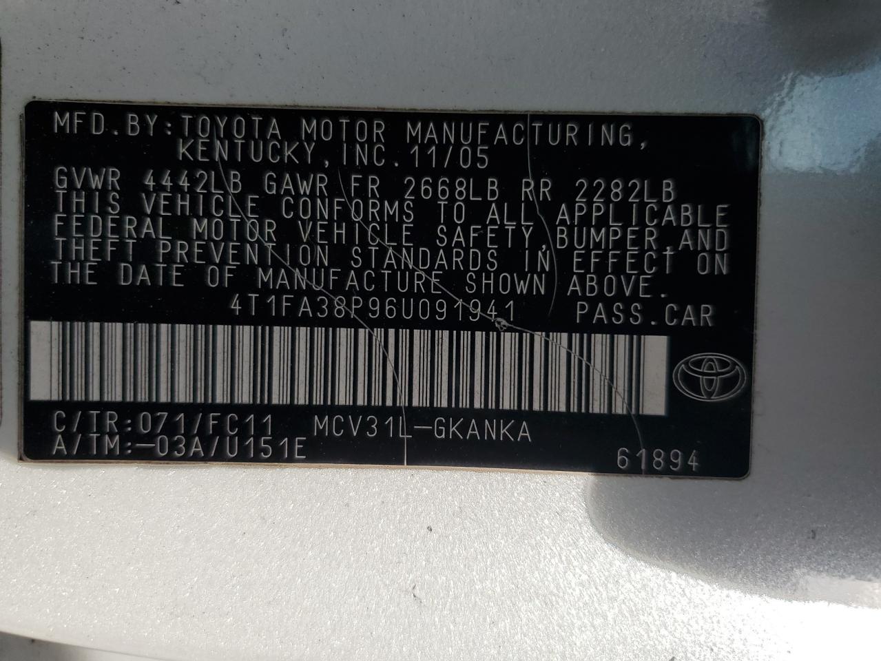 2006 Toyota Camry Solara Se VIN: 4T1FA38P96U091941 Lot: 80116445