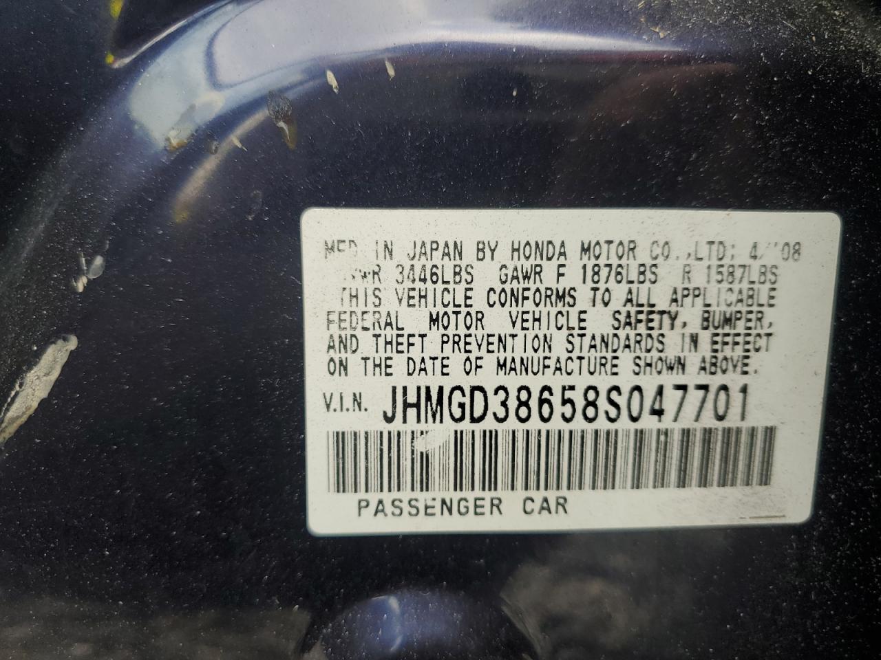 2008 Honda Fit Sport VIN: JHMGD38658S047701 Lot: 83971995