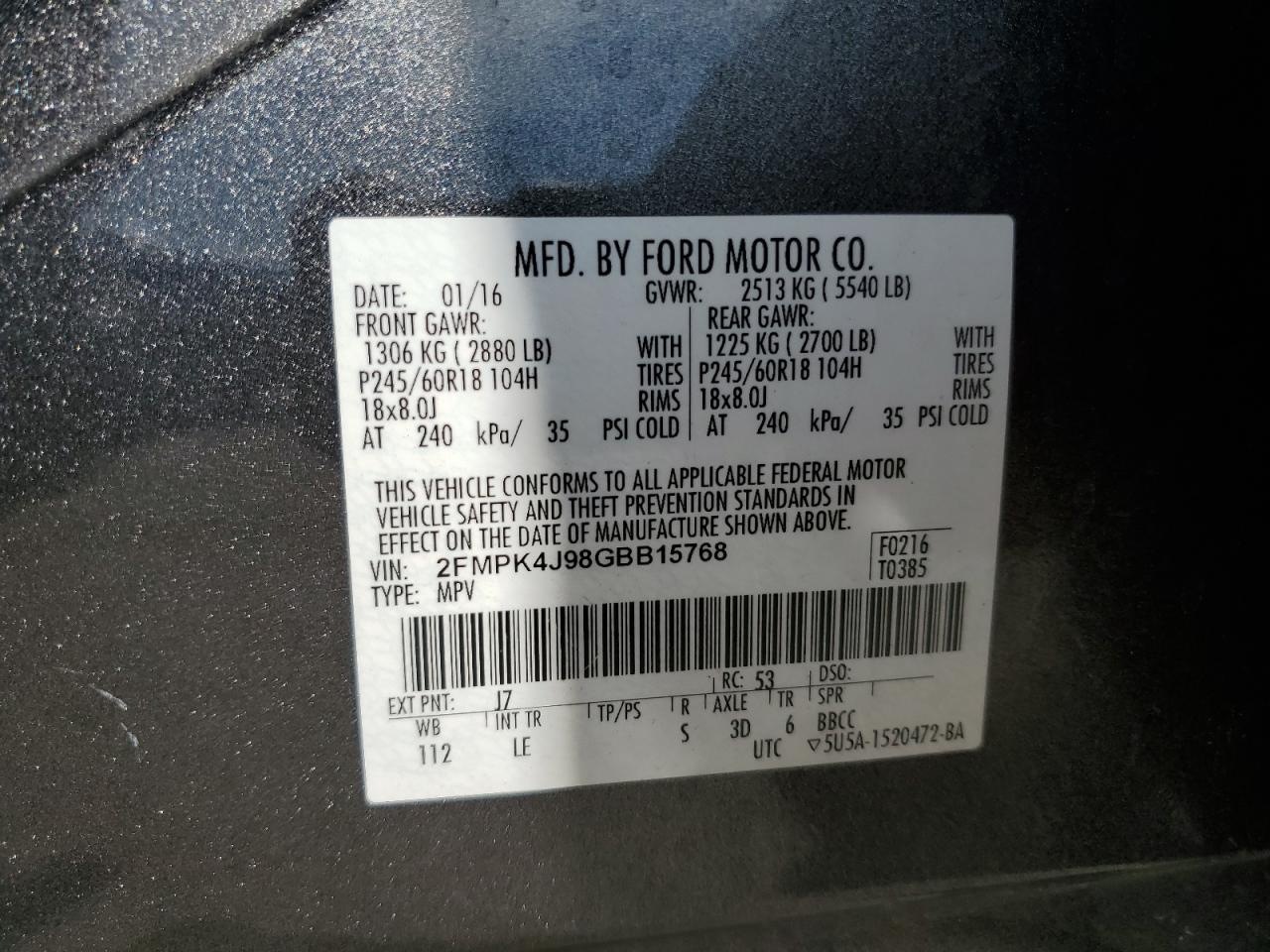 2016 Ford Edge Sel VIN: 2FMPK4J98GBB15768 Lot: 80139015