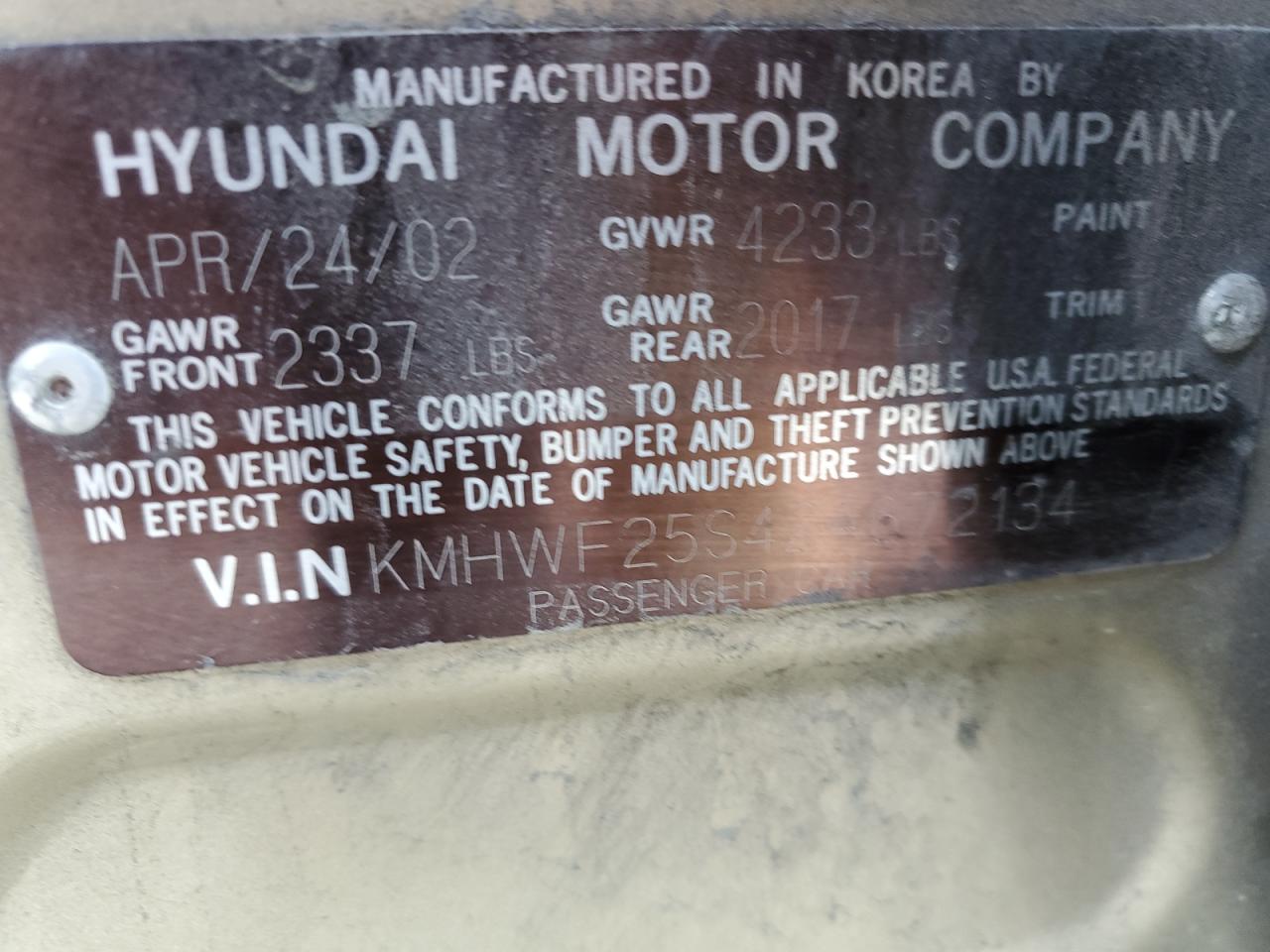 2002 Hyundai Sonata Gl VIN: KMHWF25S42A672134 Lot: 81258535
