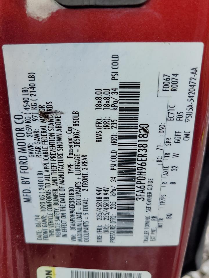 2014 Ford Fusion Se VIN: 3FA6P0H96ER381830 Lot: 71414175