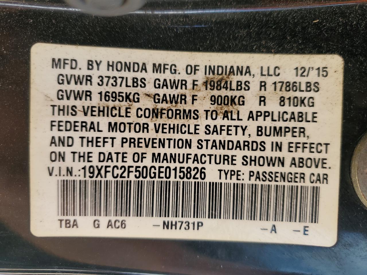 2016 Honda Civic Lx VIN: 19XFC2F50GE015826 Lot: 71526435