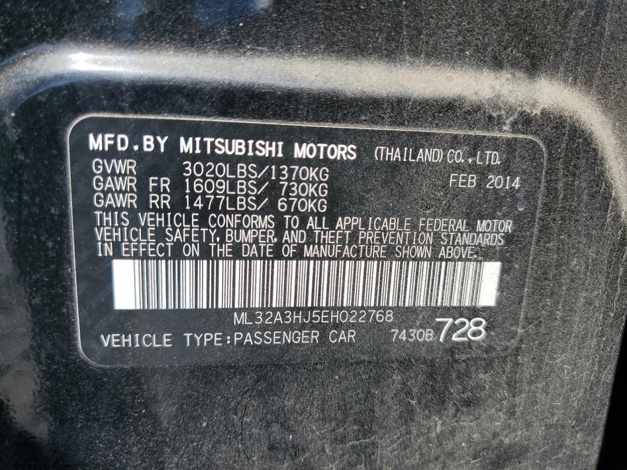 2014 Mitsubishi Mirage De VIN: ML32A3HJ5EH022768 Lot: 71228425