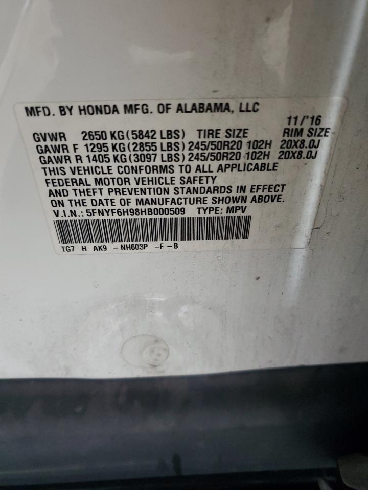 2017 Honda Pilot Touring VIN: 5FNYF6H98HB000509 Lot: 81021455