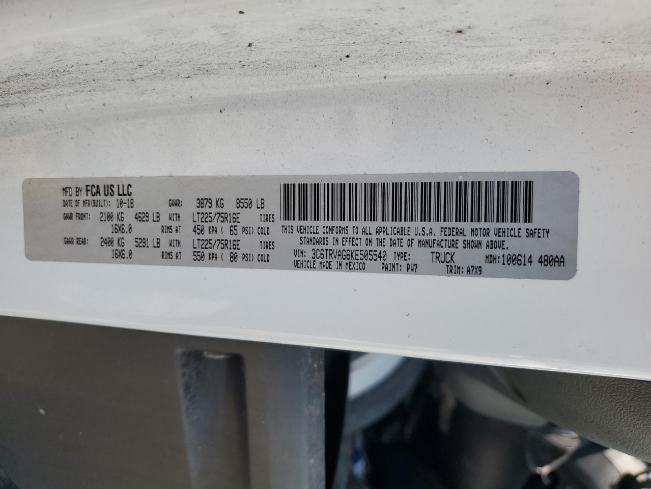 2019 Ram Promaster 1500 1500 Standard VIN: 3C6TRVAG6KE505540 Lot: 72070475