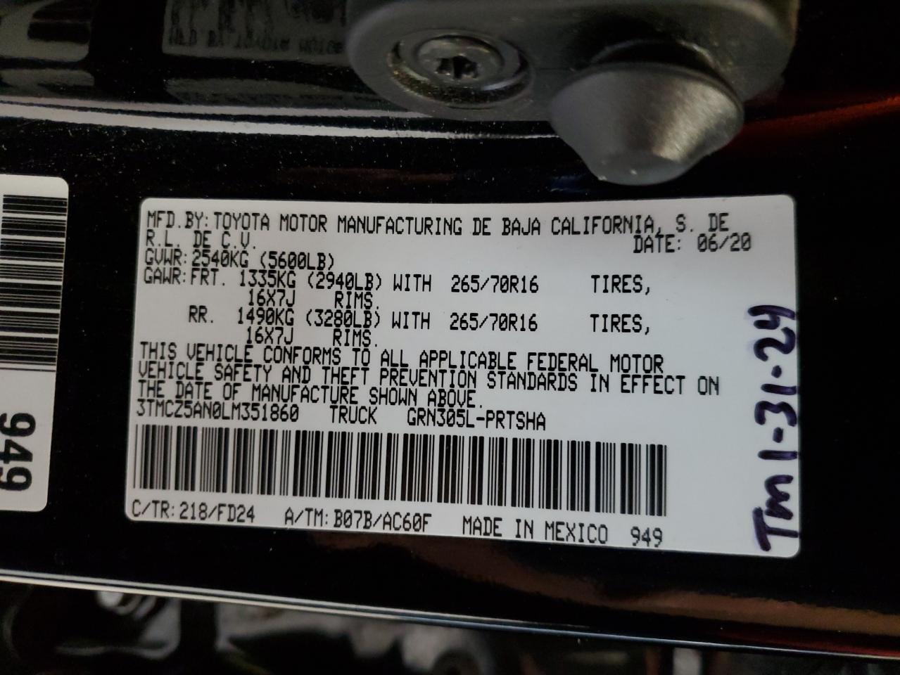 2020 Toyota Tacoma Double Cab VIN: 3TMCZ5AN0LM351860 Lot: 71454185