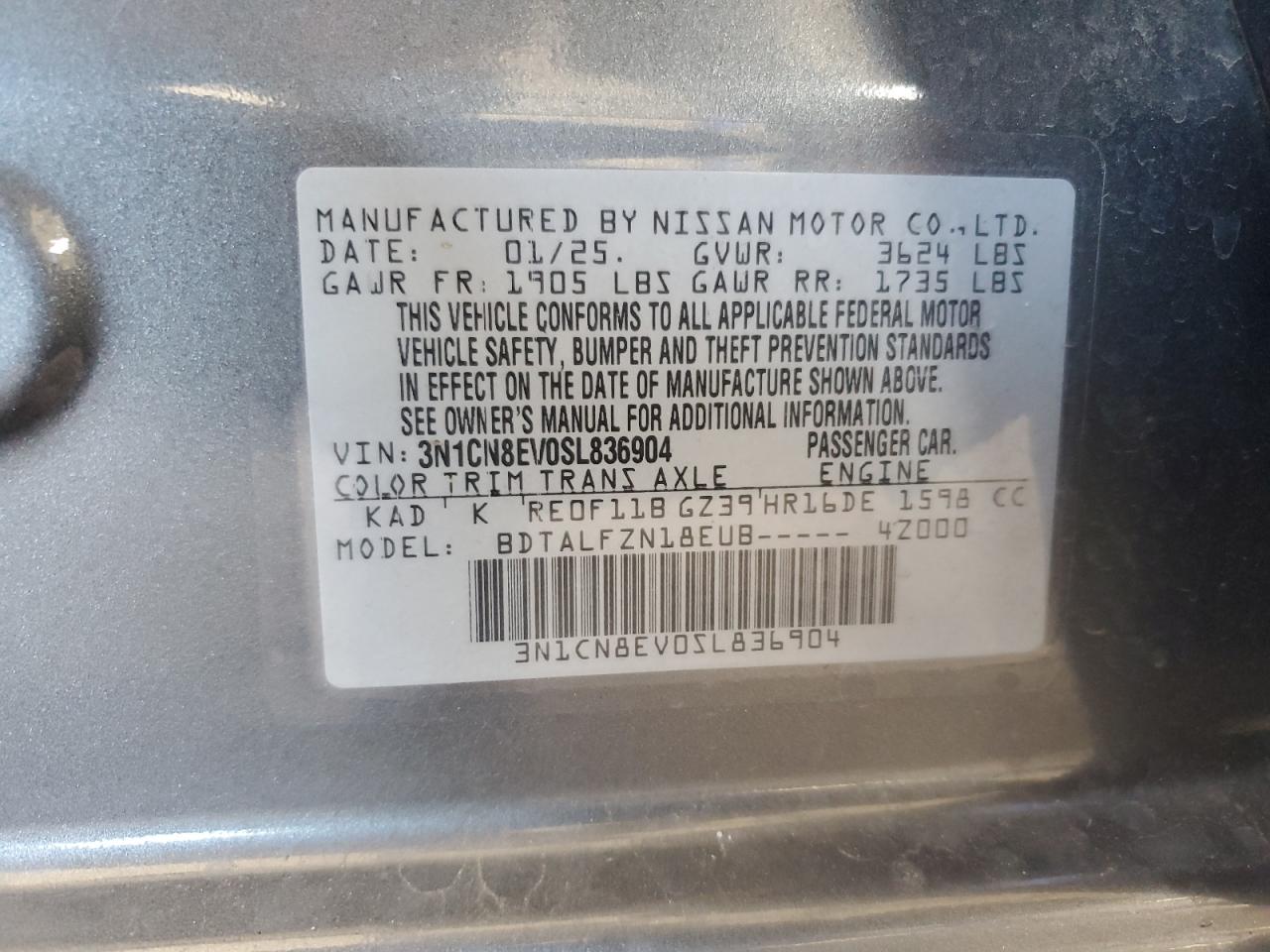 2025 Nissan Versa Sv VIN: 3N1CN8EV0SL836904 Lot: 84191035