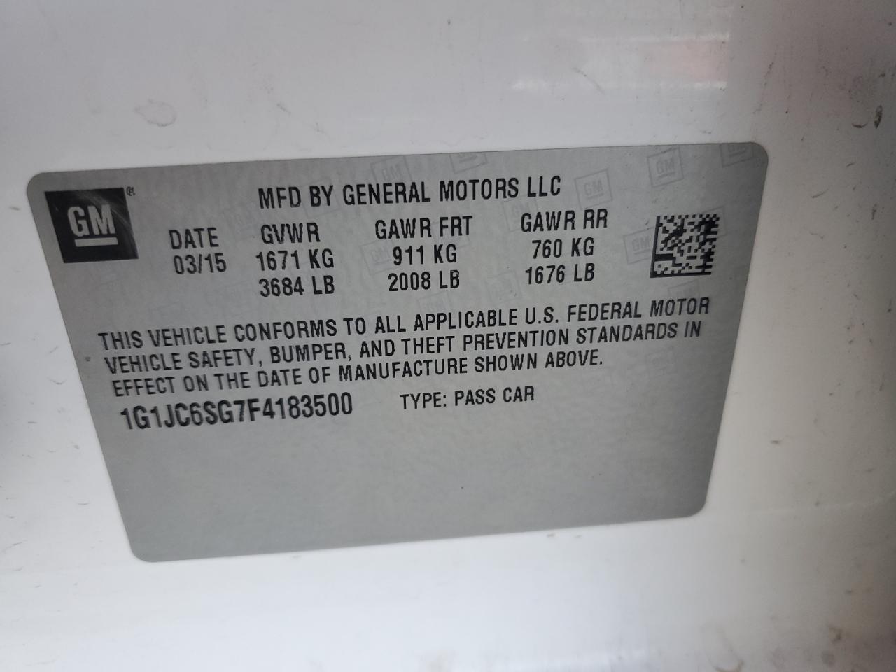 2015 Chevrolet Sonic Lt VIN: 1G1JC6SG7F4183500 Lot: 71877255