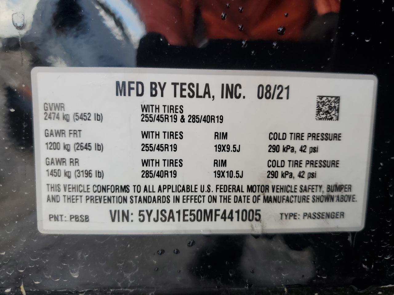 2021 Tesla Model S VIN: 5YJSA1E50MF441005 Lot: 81424645