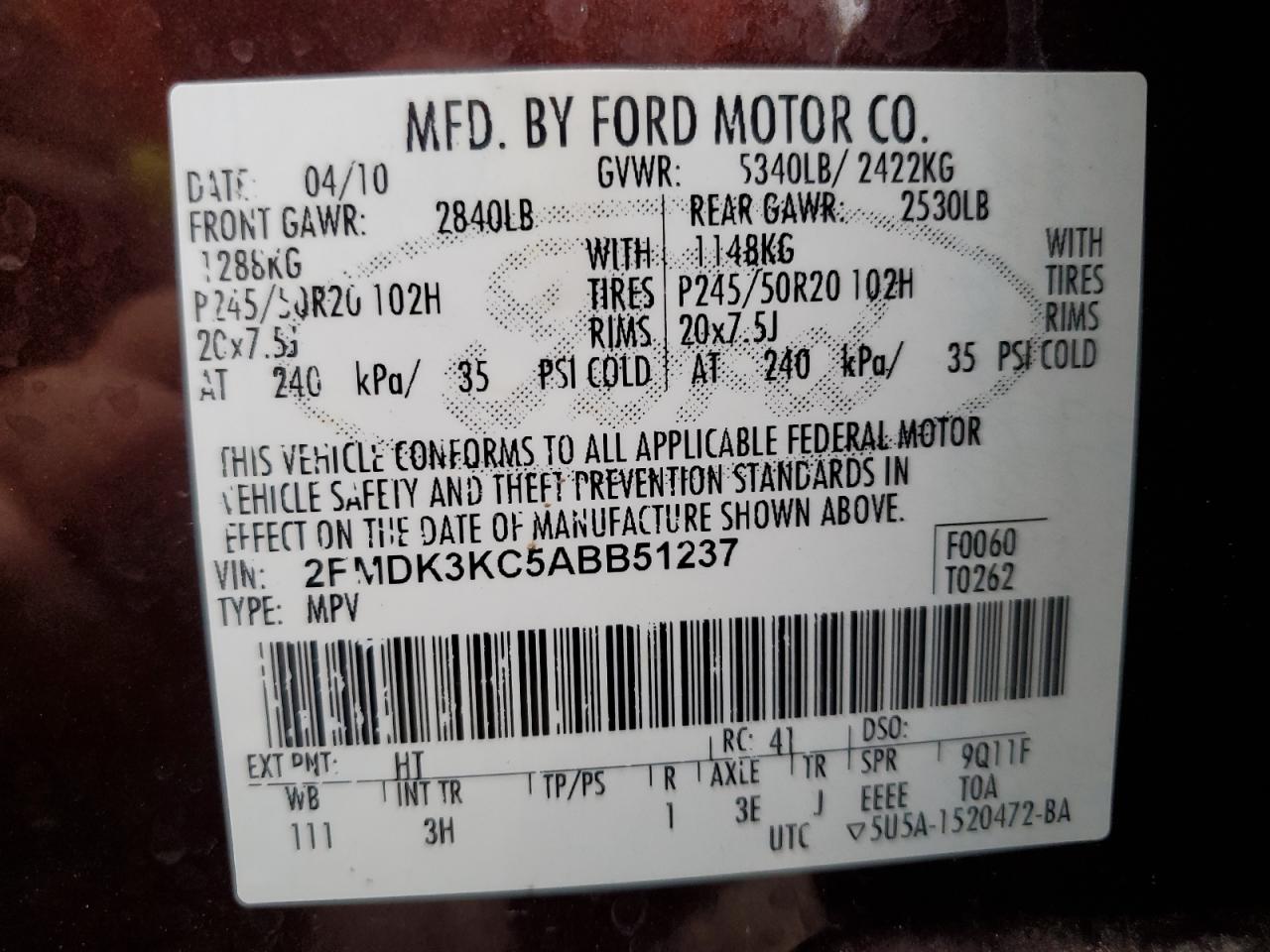 2010 Ford Edge Limited VIN: 2FMDK3KC5ABB51237 Lot: 80646035