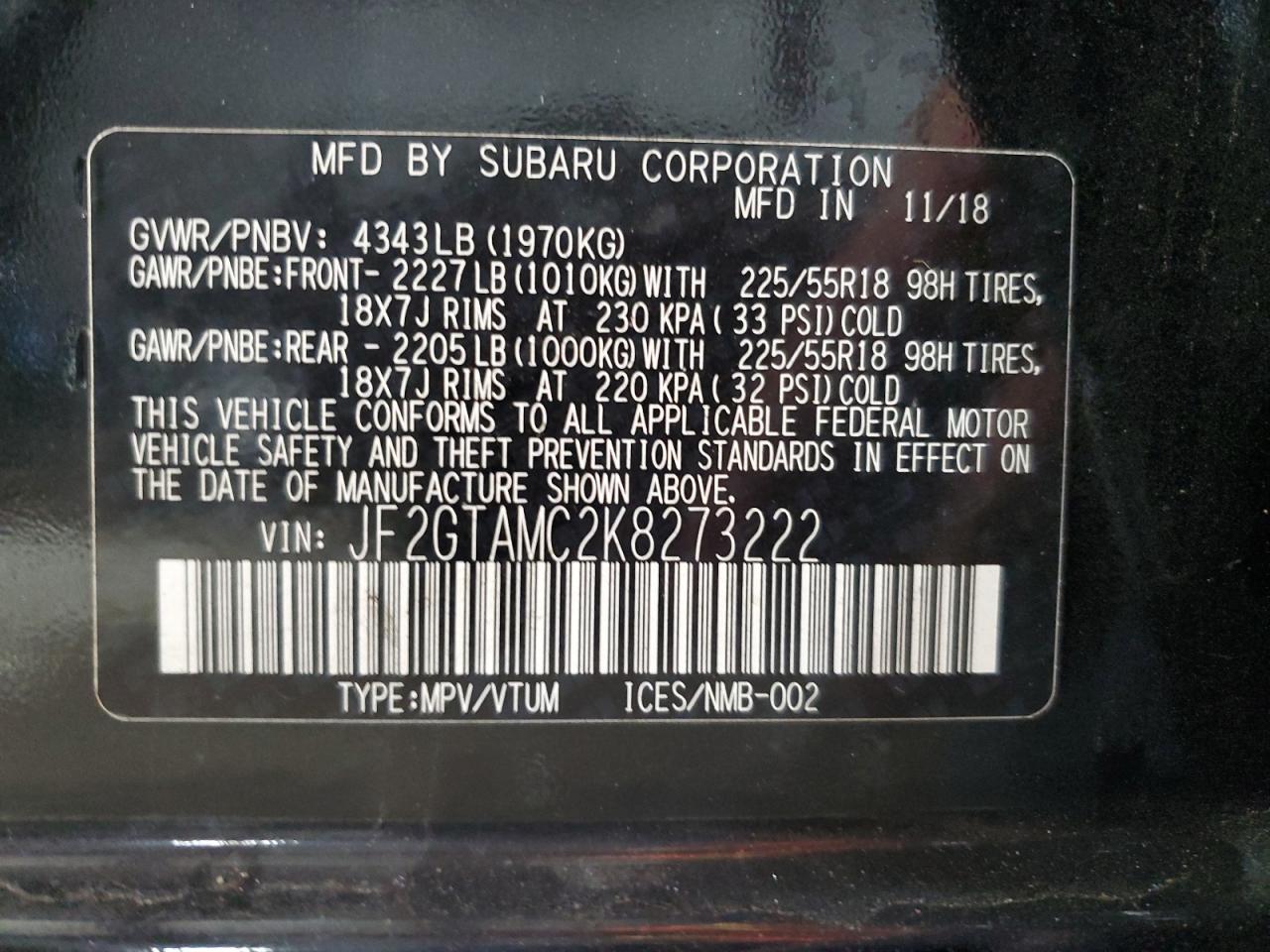 2019 Subaru Crosstrek Limited VIN: JF2GTAMC2K8273222 Lot: 80815675