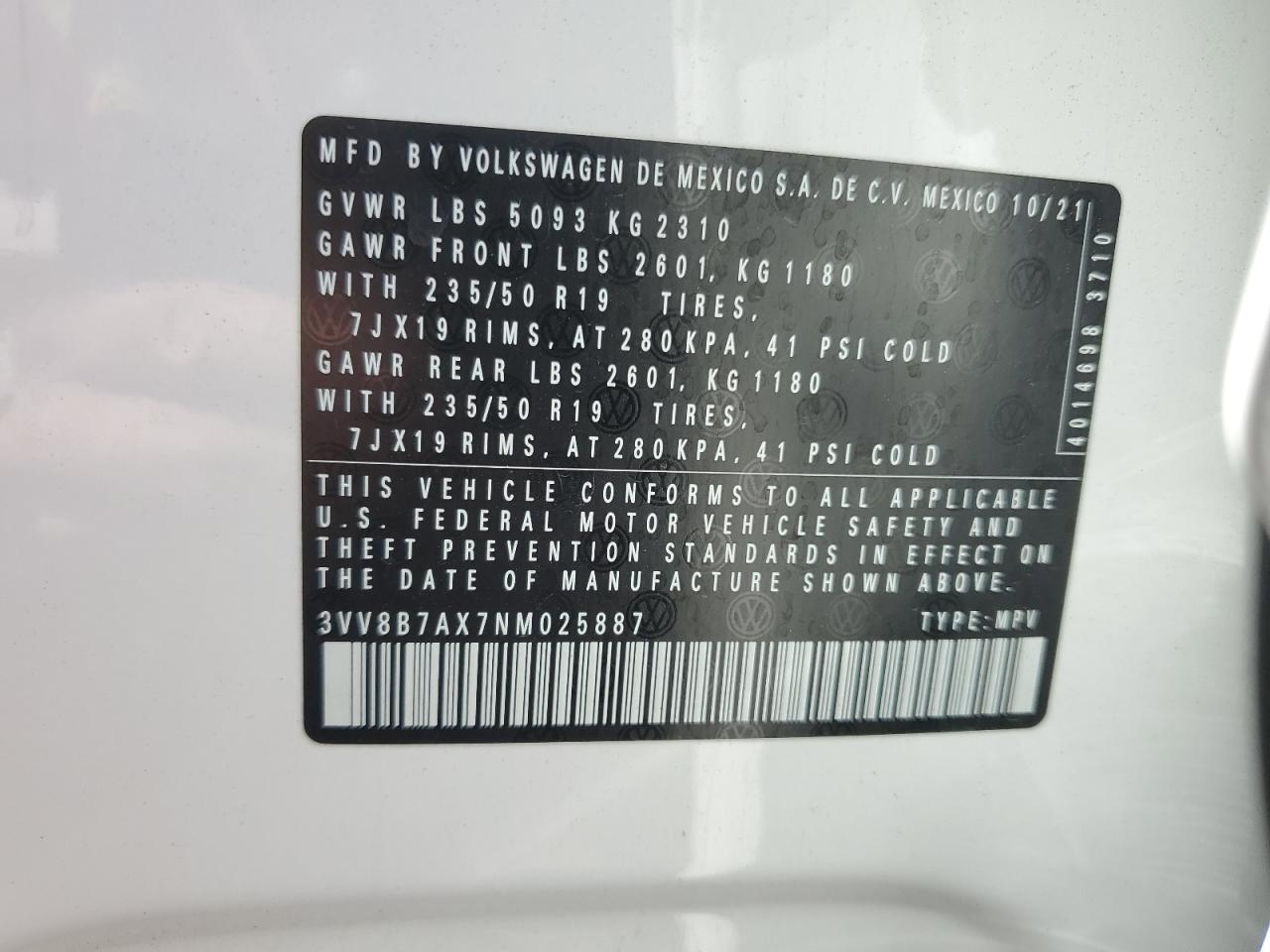 2022 Volkswagen Tiguan Se R-Line Black VIN: 3VV8B7AX7NM025887 Lot: 84247015
