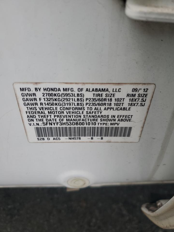 2013 Honda Pilot Exl VIN: 5FNYF3H53DB001010 Lot: 81840235