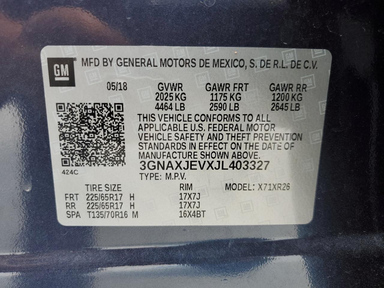 2018 Chevrolet Equinox Lt VIN: 3GNAXJEVXJL403327 Lot: 71190355