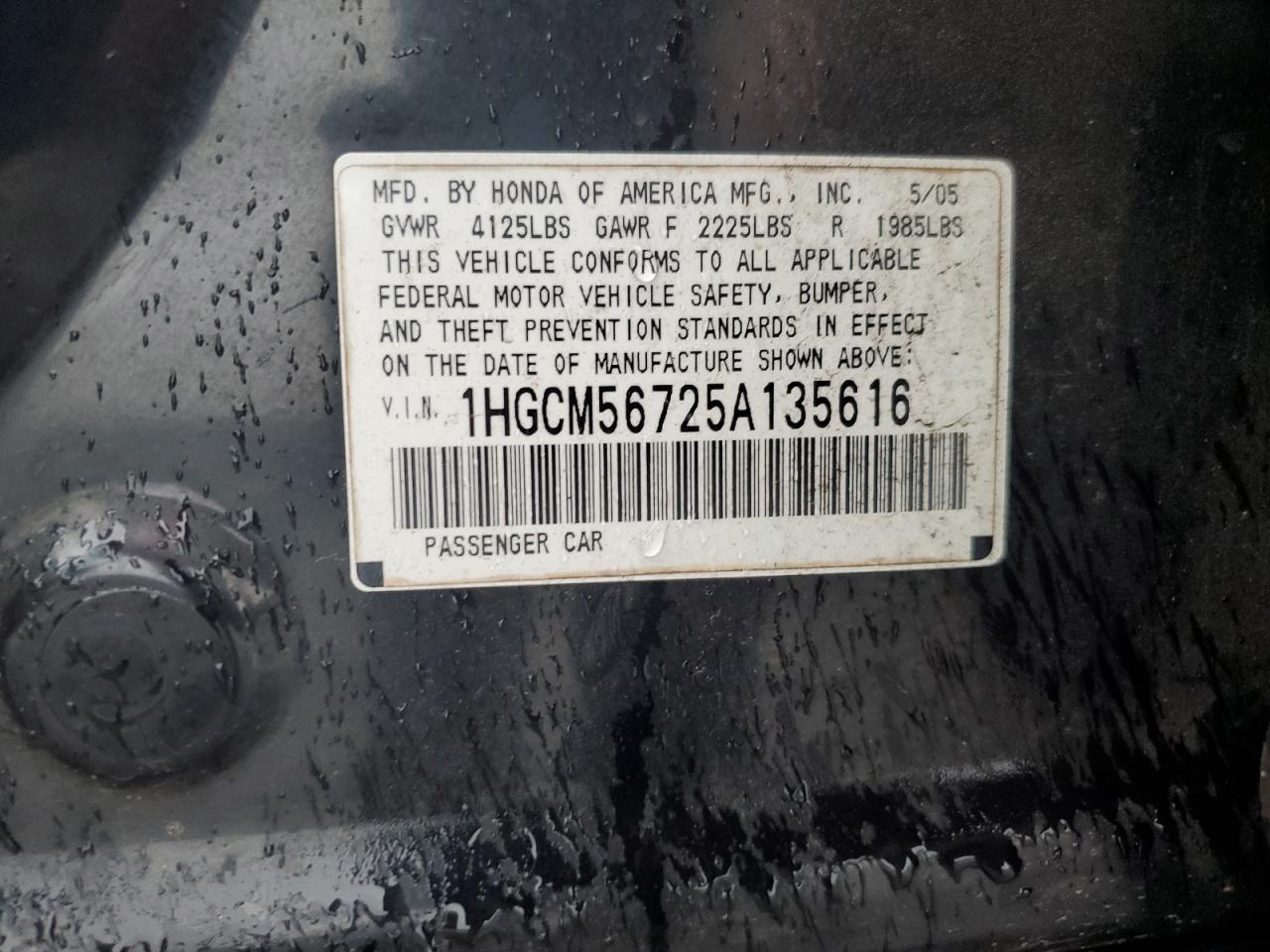 2005 Honda Accord Ex VIN: 1HGCM56725A135616 Lot: 84770475