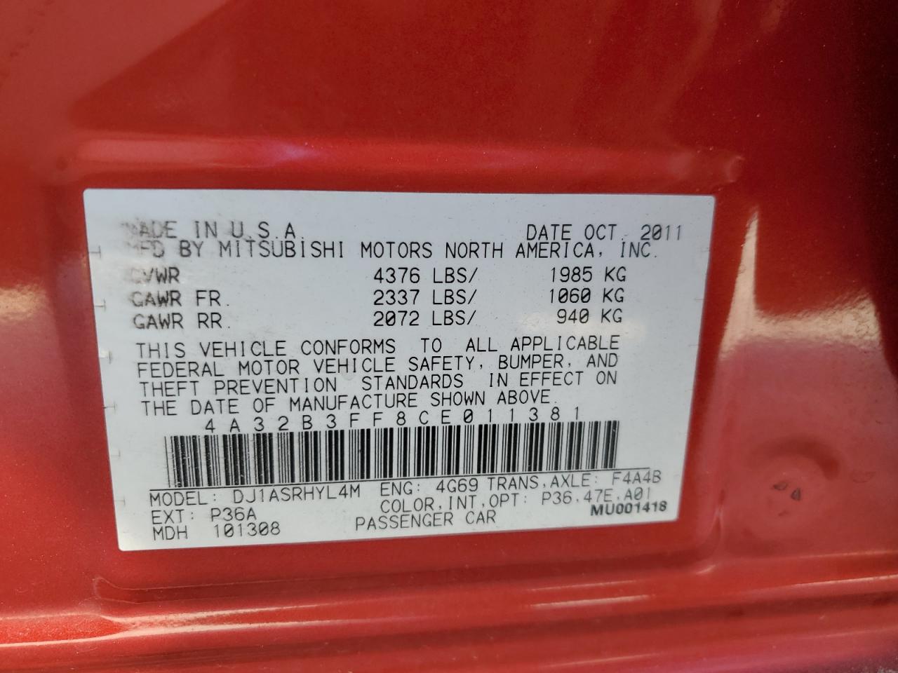 2012 Mitsubishi Galant Es VIN: 4A32B3FF8CE011381 Lot: 80190585