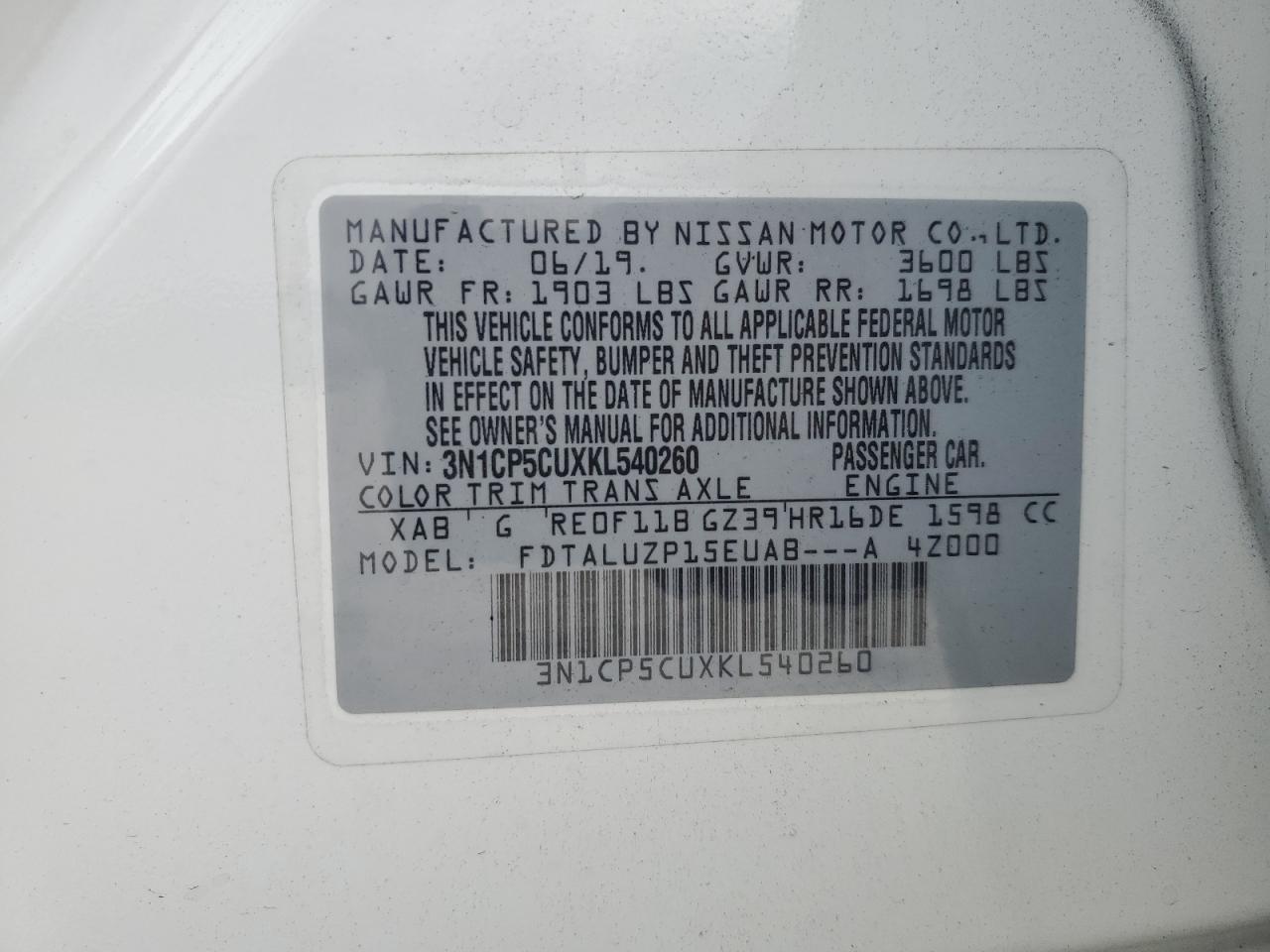 2019 Nissan Kicks S VIN: 3N1CP5CUXKL540260 Lot: 84472395