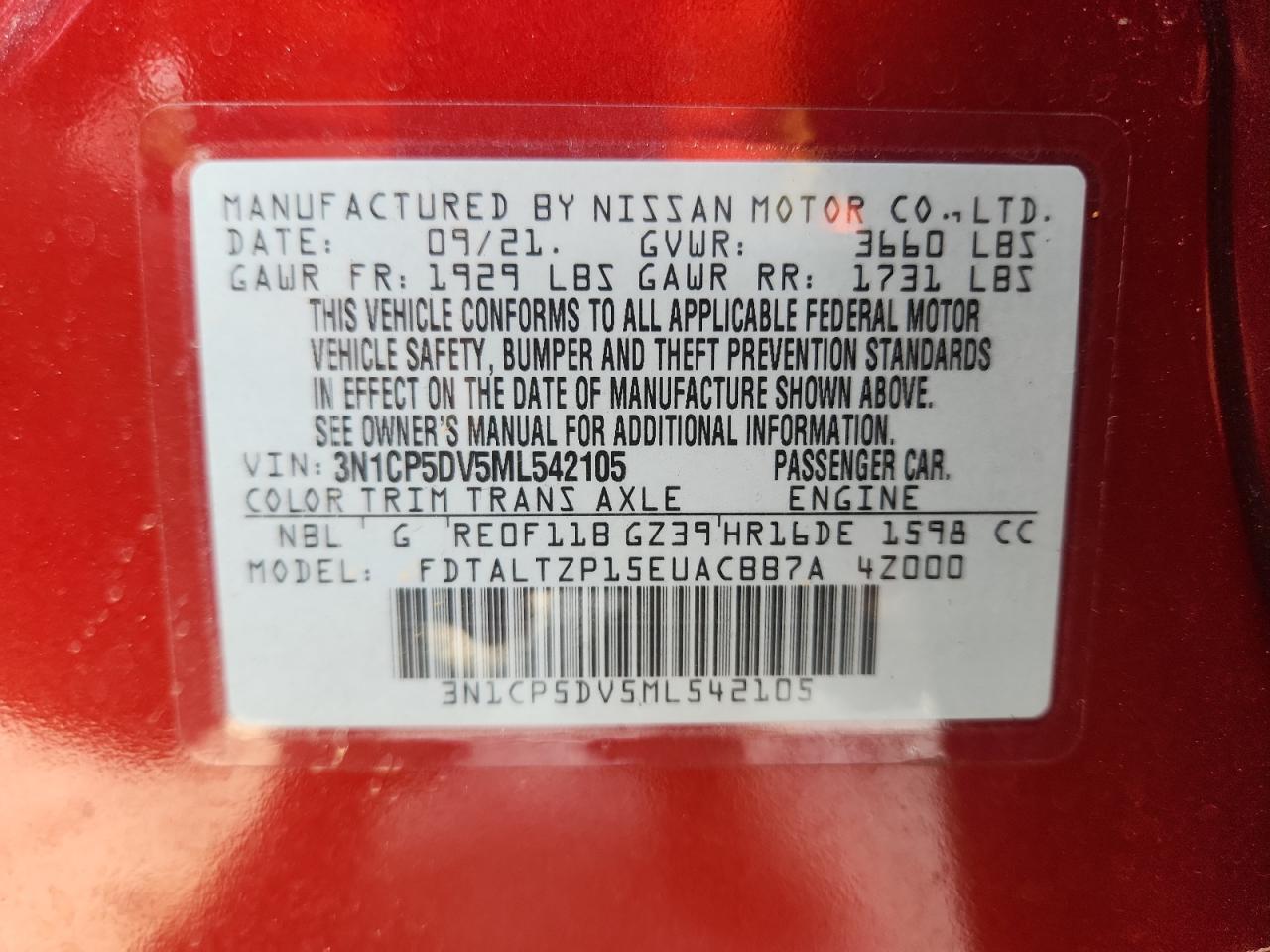 2021 Nissan Kicks Sr VIN: 3N1CP5DV5ML542105 Lot: 80850305