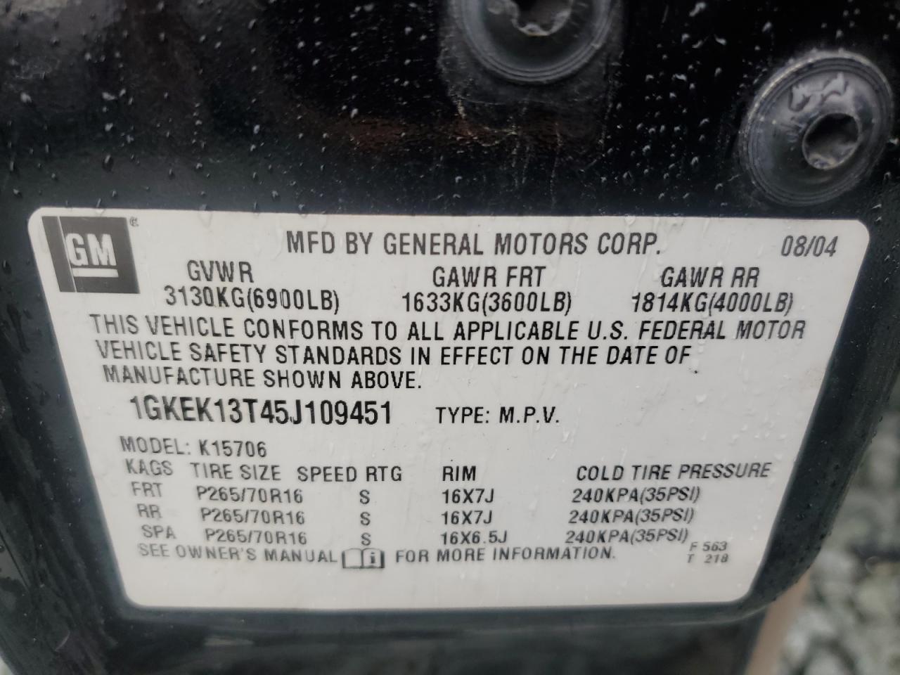 2005 GMC Yukon VIN: 1GKEK13T45J109451 Lot: 80732255