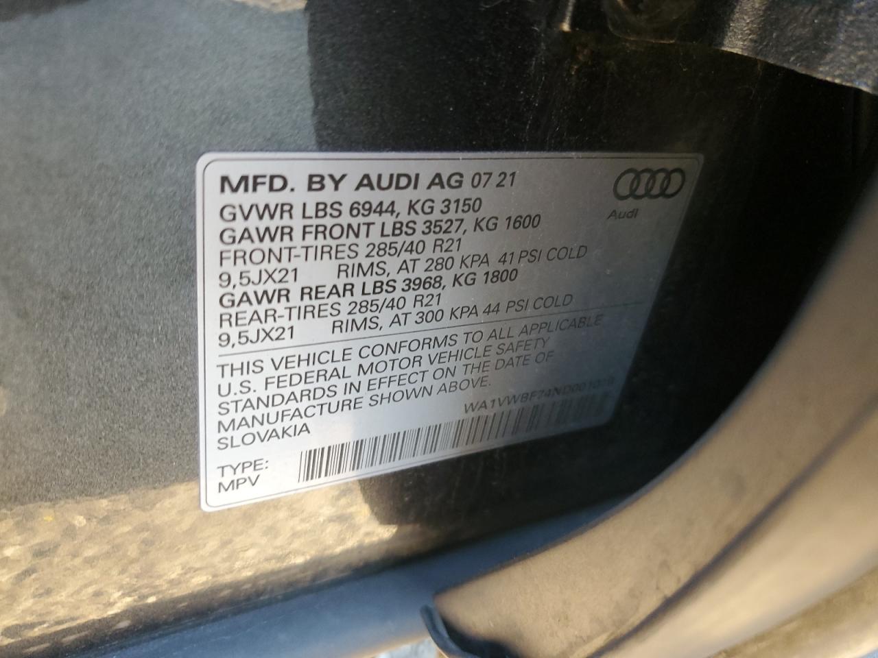 2022 Audi Sq7 Prestige VIN: WA1VWBF74ND001019 Lot: 70903115