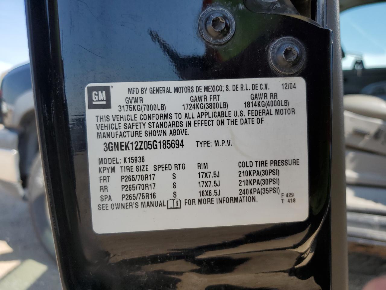 2005 Chevrolet Avalanche K1500 VIN: 3GNEK12Z05G185694 Lot: 80324755