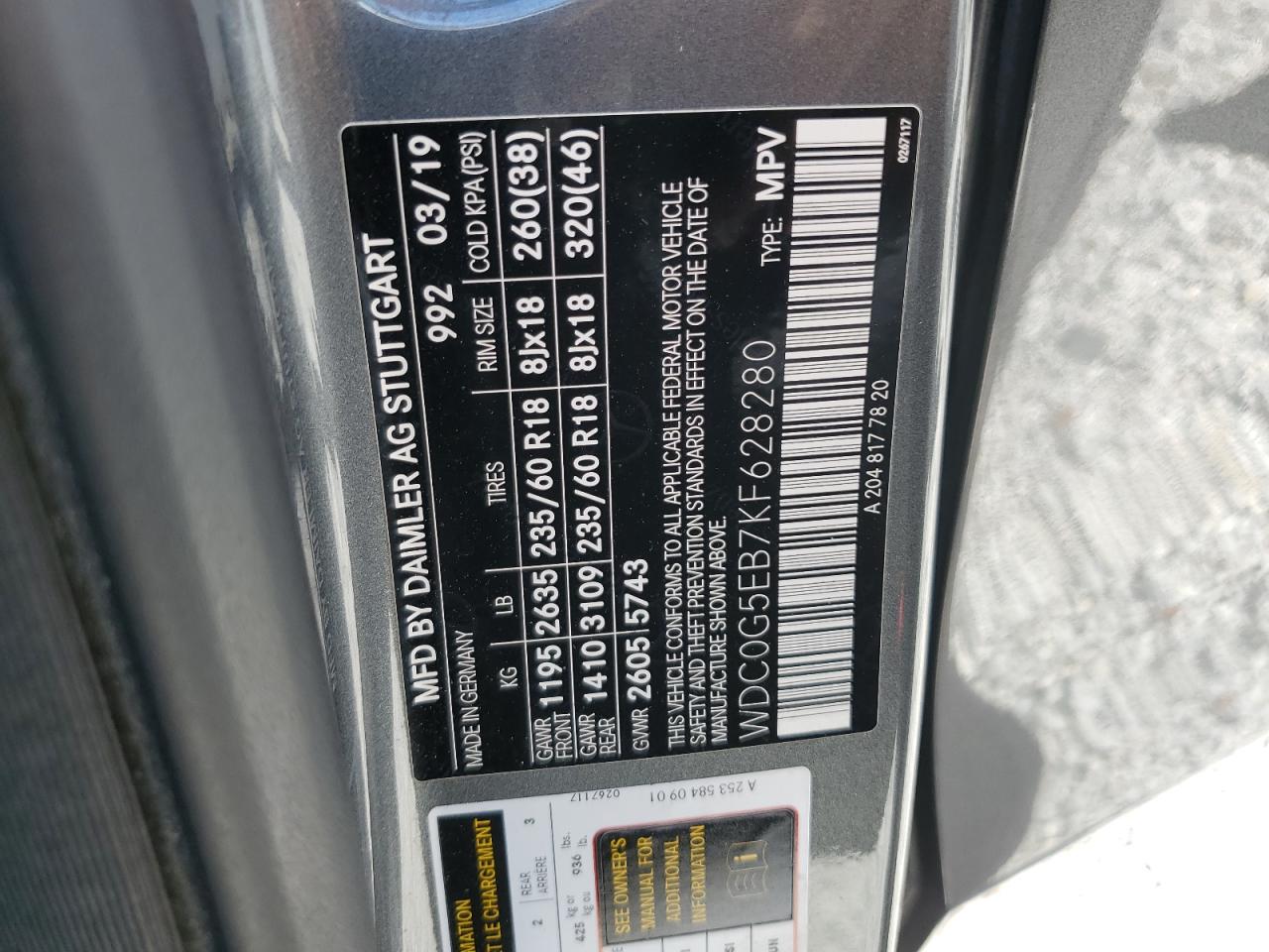 2019 Mercedes-Benz Glc 350E VIN: WDC0G5EB7KF628280 Lot: 71067695