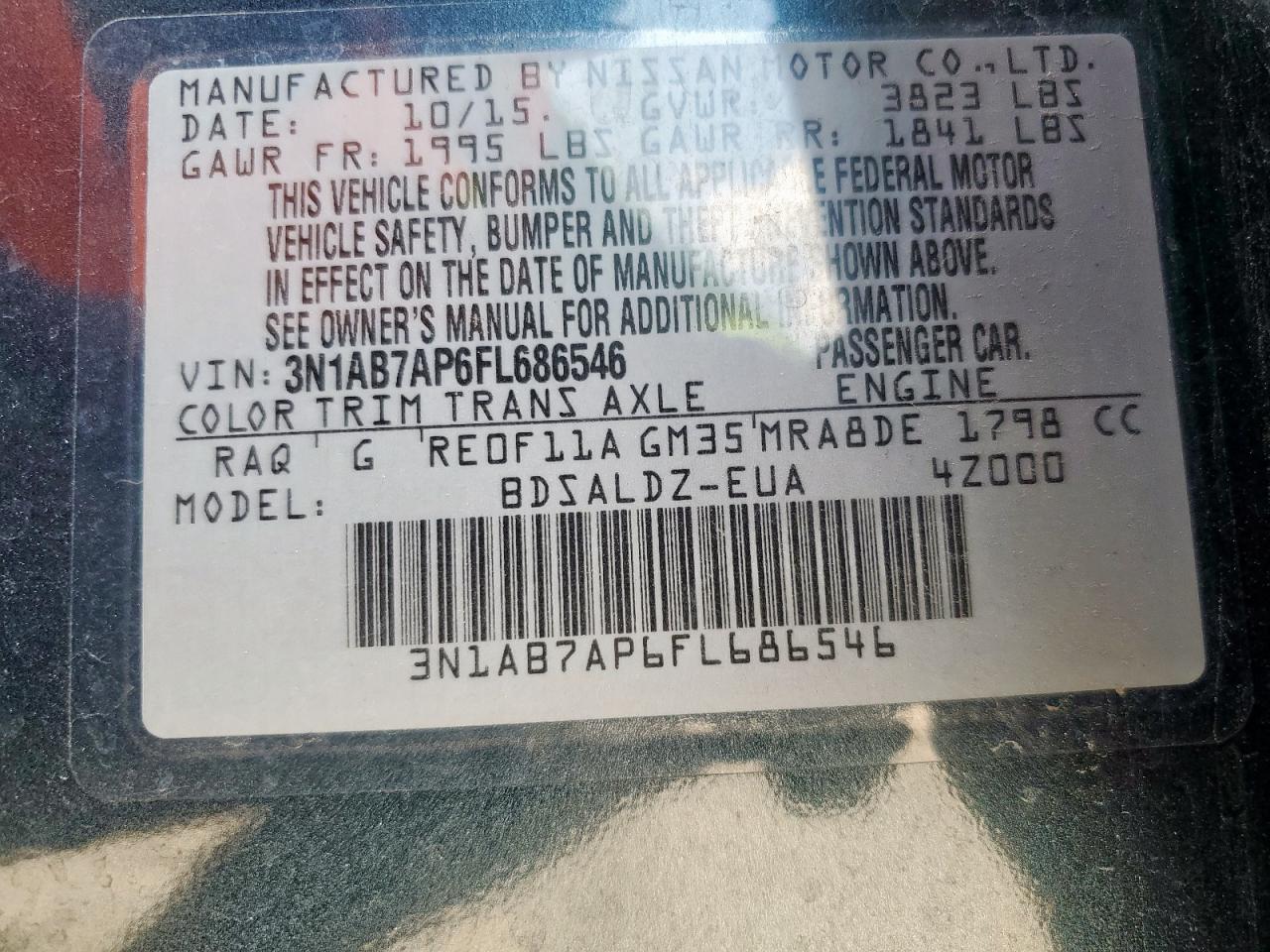 2015 Nissan Sentra S VIN: 3N1AB7AP6FL686546 Lot: 80329965