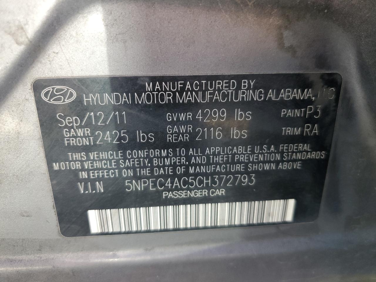 2012 Hyundai Sonata Se VIN: 5NPEC4AC5CH372793 Lot: 81340015