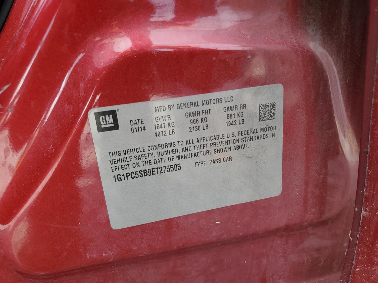 2014 Chevrolet Cruze Lt VIN: 1G1PC5SB9E7275505 Lot: 80292955