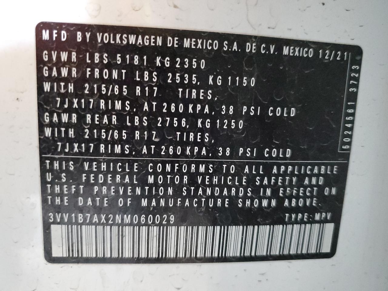 2022 Volkswagen Tiguan S VIN: 3VV1B7AX2NM060029 Lot: 84035405