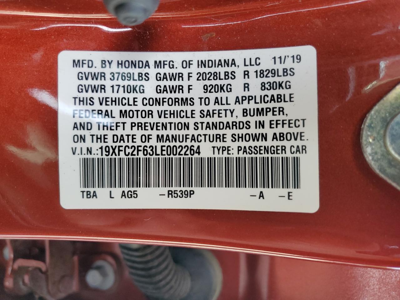 2020 Honda Civic Lx VIN: 19XFC2F63LE002264 Lot: 81190605