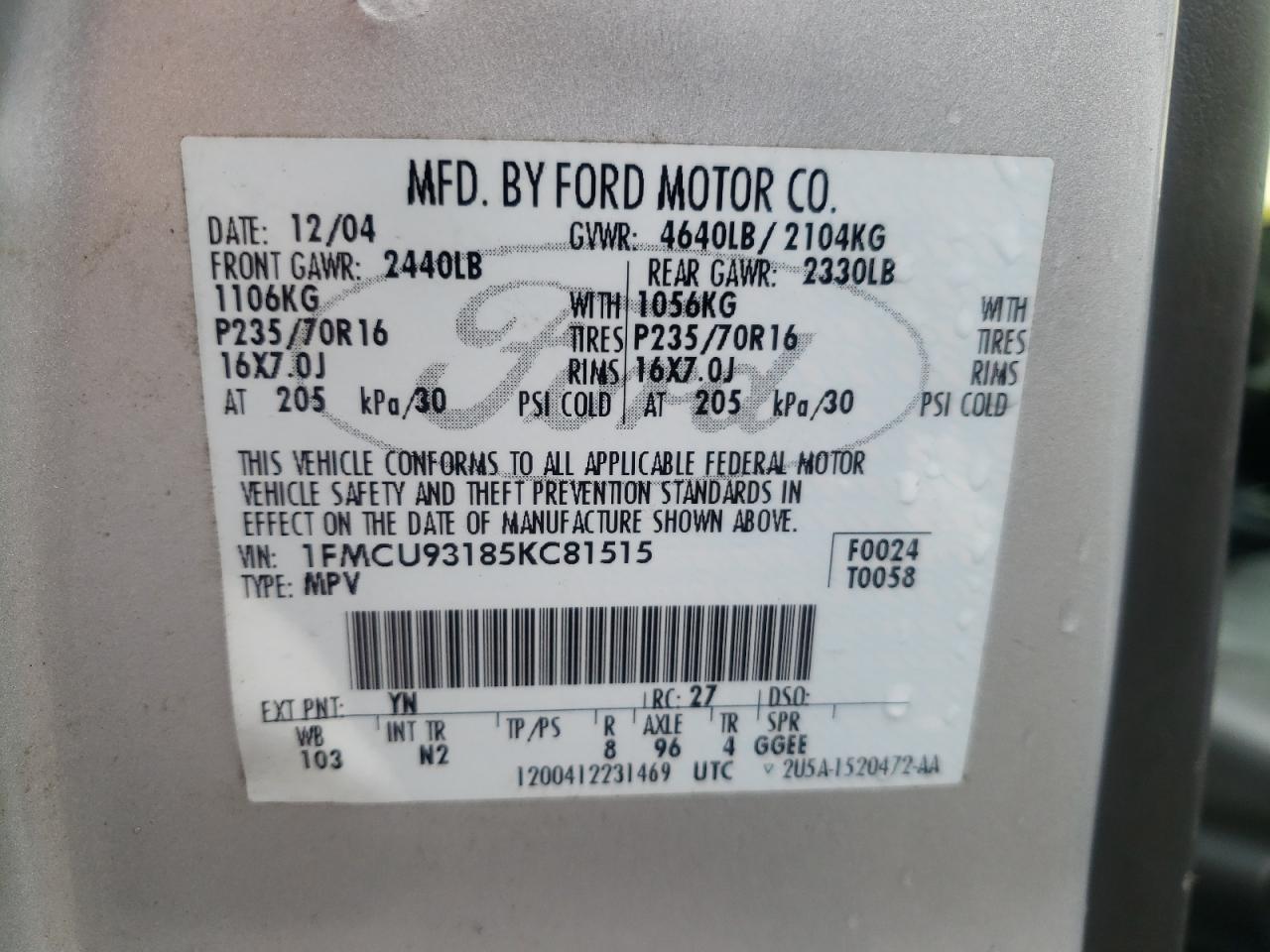 2005 Ford Escape Xlt VIN: 1FMCU93185KC81515 Lot: 81753845