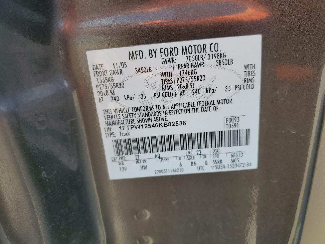 2006 Ford F150 Supercrew VIN: 1FTPW12546KB82536 Lot: 81040435