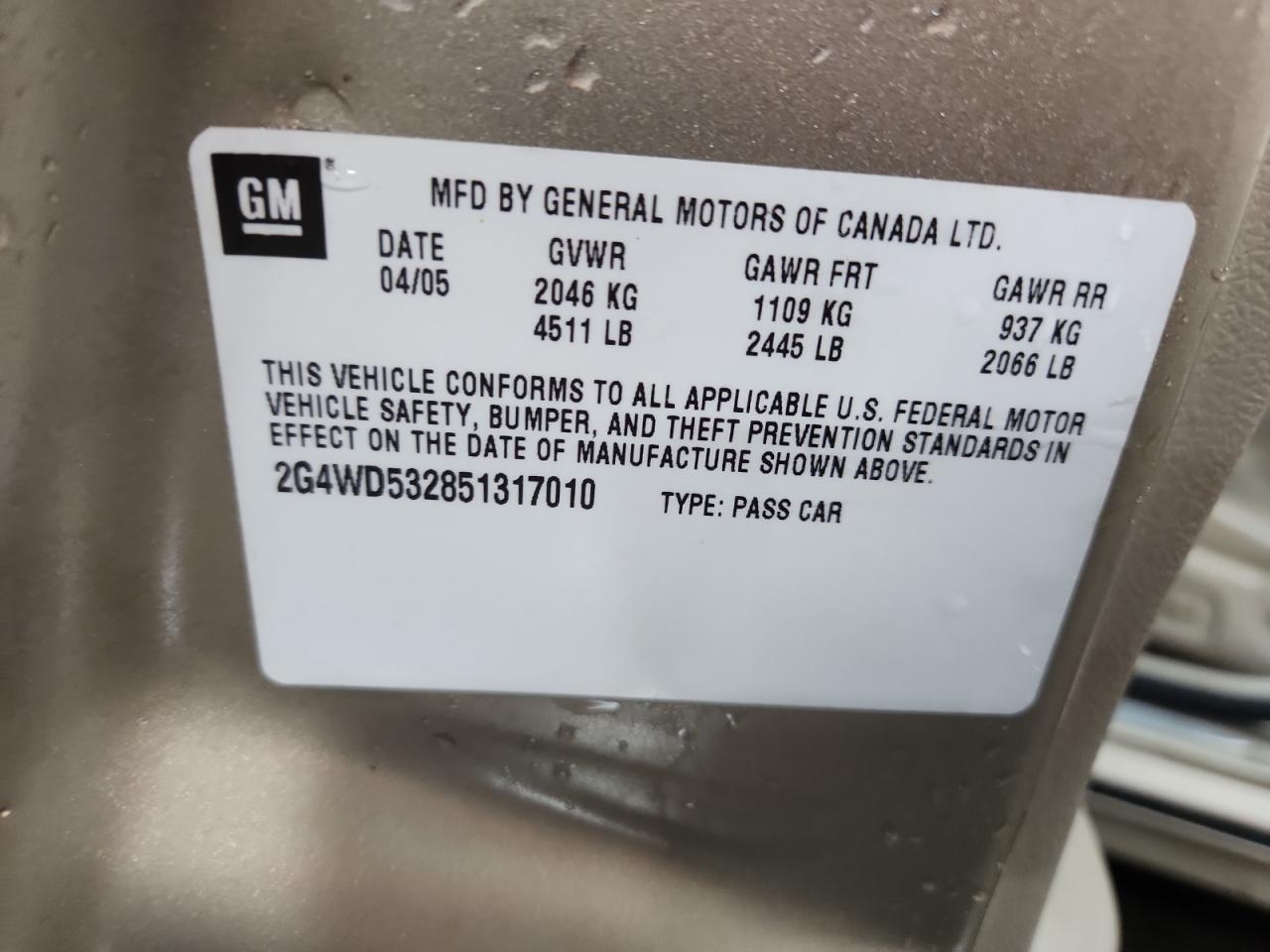 2005 Buick Lacrosse Cxl VIN: 2G4WD532851317010 Lot: 84052665