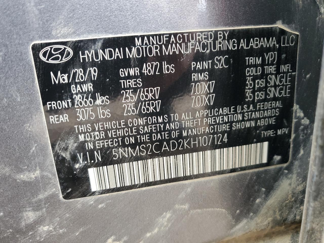 2019 Hyundai Santa Fe Se VIN: 5NMS2CAD2KH107124 Lot: 81054025