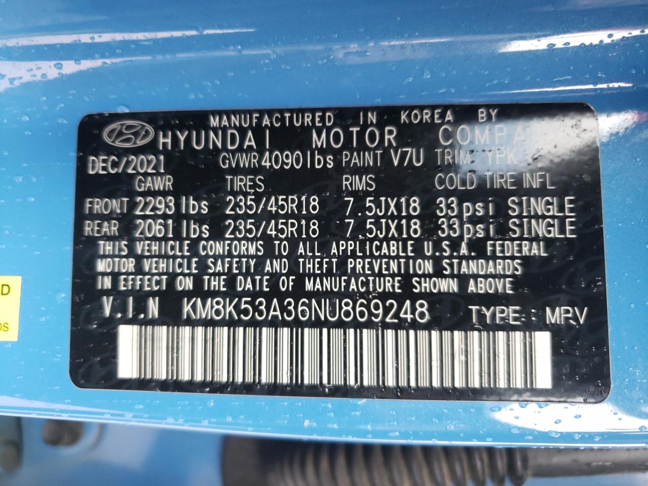 2022 Hyundai Kona Limited VIN: KM8K53A36NU869248 Lot: 83937525
