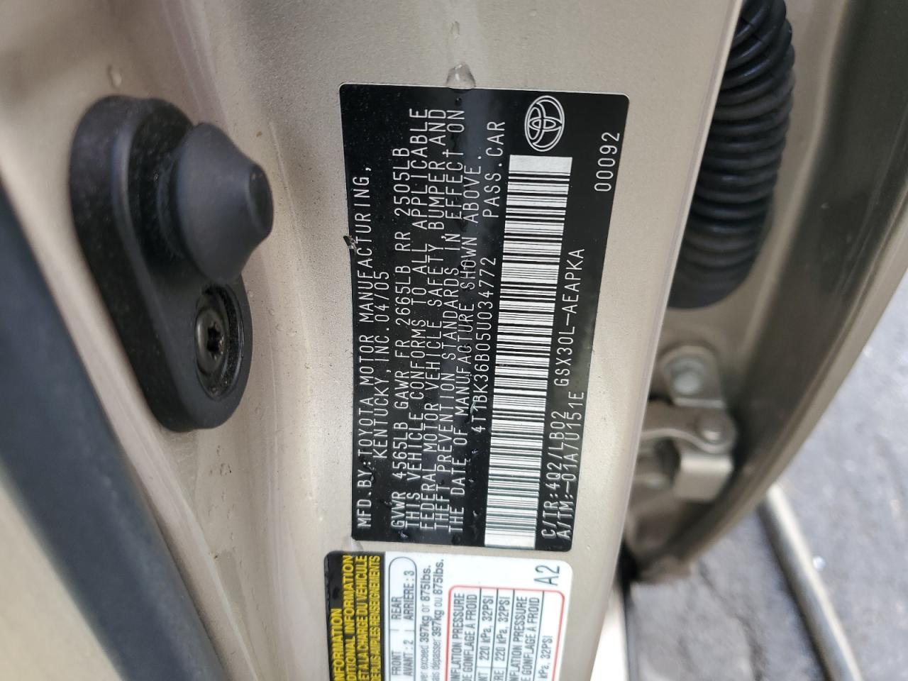 2005 Toyota Avalon Xl VIN: 4T1BK36B05U034772 Lot: 72045145