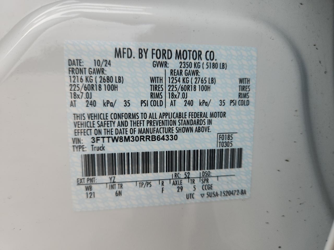 2024 Ford Maverick Lariat VIN: 3FTTW8M30RRB64330 Lot: 70553805