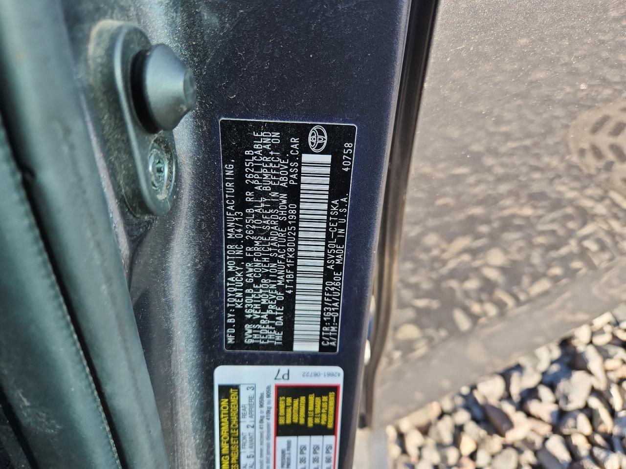 2013 Toyota Camry L VIN: 4T1BF1FK8DU251980 Lot: 81894505