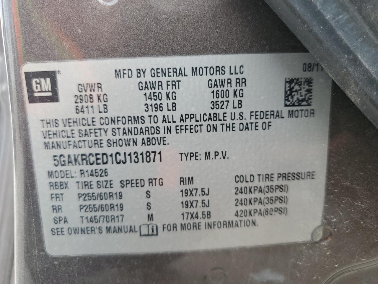 2012 Buick Enclave VIN: 5GAKRCED1CJ131871 Lot: 81524165