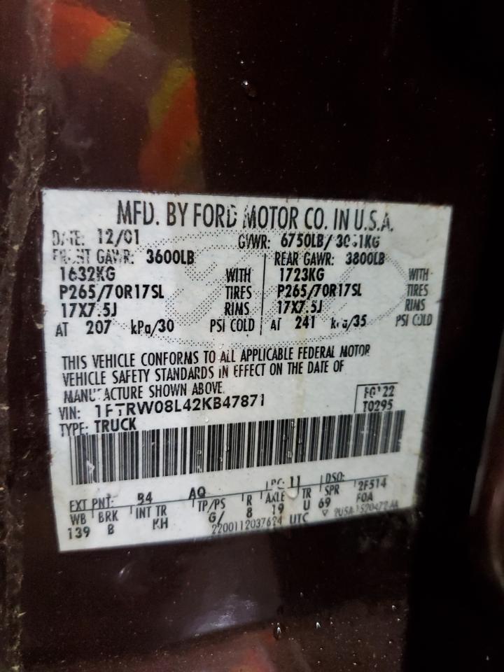 2002 Ford F150 Supercrew VIN: 1FTRW08L42KB47871 Lot: 81287325