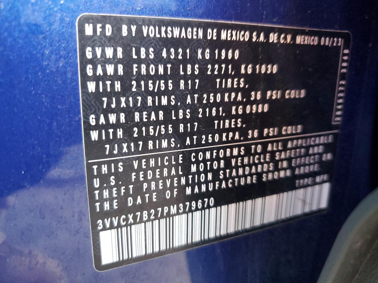 2023 Volkswagen Taos S VIN: 3VVCX7B27PM379670 Lot: 71034335