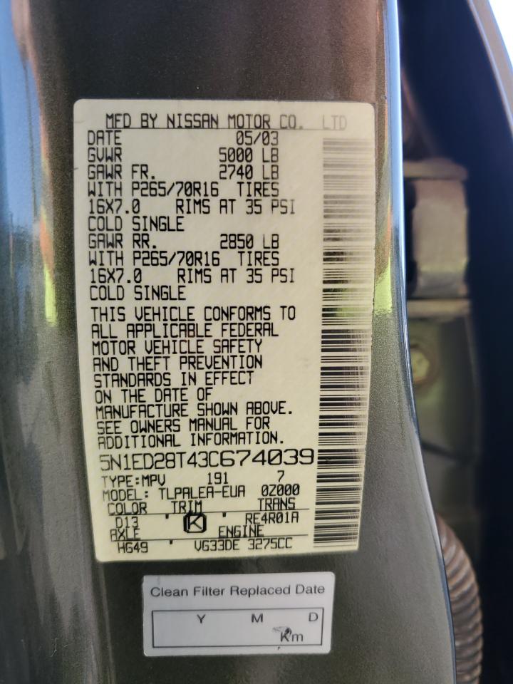 2003 Nissan Xterra Xe VIN: 5N1ED28T43C674039 Lot: 70892485
