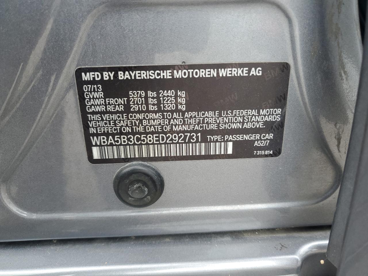 2014 BMW 535 Xi VIN: WBA5B3C58ED292731 Lot: 80840965