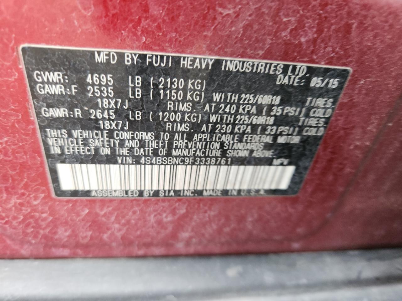 2015 Subaru Outback 2.5I Limited VIN: 4S4BSBNC9F3338761 Lot: 70962625